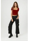 Kadın Bordo Kare Yaka Kısa Kollu Çift Kat Sandy Kumaş Basic Body Crop Tişört