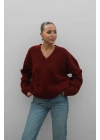 Kadın Bordo Pamuklu Yumuşak Doku V Yaka Oversize Triko Kazak