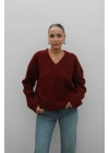Kadın Bordo Pamuklu Yumuşak Doku V Yaka Oversize Triko Kazak