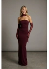 Kadın Bordo Straplez Boynu Tül Detaylı Büzgülü Scuba Krep Uzun Abiye Elbise