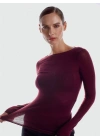 Kadın Bordo Kayık Yaka Uzun Kollu Transparan Hafif Kaşmir Dokulu Bluz Body