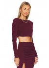 Kadın Bordo Bisiklet Yaka Yanları Büzgülü Uzun Kol Çift Kat İpek Jarse Basic Crop Top