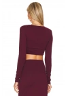 Kadın Bordo Bisiklet Yaka Yanları Büzgülü Uzun Kol Çift Kat İpek Jarse Basic Crop Top