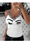 Kadın çapraz Love şeritli Göz Baskılı Viskon Bluz