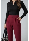 Kadın Bordo Çift Düğmeli Cepli Pileli Yüksek Bel Havuç Kesim Likralı Kumaş Pantolon