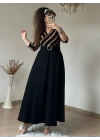 Kadın çizgi Detay Kruvaze Yaka Maxi Boy Triko Elbise