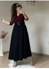 Kadın çizgi Detay Kruvaze Yaka Maxi Boy Triko Elbise