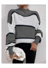 Kadın Gri Beyaz Çizgili Yarım Balıkçı Yaka Uzun Kol Oversize Selanik Örgü Triko Kazak