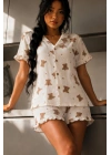 Kadın Kar Beyaz Ayıcık Desenli Kısa Kollu Düğmeli Şortlu Müslin Pamuklu Pijama Takımı