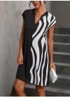 Kadın Dalgıç Kumaş Kısa Kollu V Yaka Tek Taraf Zebra Desen Elbise