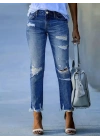 bysoca Kadın Yüksek Bel Yırtık Detaylı Paçası Püsküllü Dar Kesim Cepli Denim Jean Pantolon - Mavi