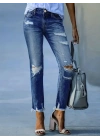 bysoca Kadın Yüksek Bel Yırtık Detaylı Paçası Püsküllü Dar Kesim Cepli Denim Jean Pantolon - Mavi