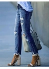 bysoca Kadın Yüksek Bel Yırtık Detaylı Paçası Püsküllü Dar Kesim Cepli Denim Jean Pantolon - Mavi