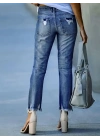 bysoca Kadın Yüksek Bel Yırtık Detaylı Paçası Püsküllü Dar Kesim Cepli Denim Jean Pantolon - Mavi