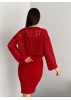 Kadın Delikli Kazak Askılı Elbise Triko Kumaş Ikili Takım