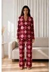 Kadın Kırmızı Baklava Desenli Uzun Kollu Düğmeli Gömlek Yaka Pantolonlu Pijama Takımı