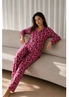 Kadın Lila Fitilli Leopar Desenli Gömlek Yaka Uzun Kollu Pantolonlu Pijama Takımı
