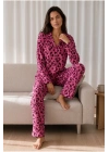 Kadın Lila Fitilli Leopar Desenli Gömlek Yaka Uzun Kollu Pantolonlu Pijama Takımı