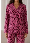 Kadın Lila Fitilli Leopar Desenli Gömlek Yaka Uzun Kollu Pantolonlu Pijama Takımı