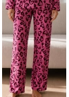 Kadın Lila Fitilli Leopar Desenli Gömlek Yaka Uzun Kollu Pantolonlu Pijama Takımı