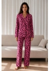 Kadın Lila Fitilli Leopar Desenli Gömlek Yaka Uzun Kollu Pantolonlu Pijama Takımı