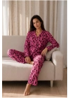 Kadın Lila Fitilli Leopar Desenli Gömlek Yaka Uzun Kollu Pantolonlu Pijama Takımı