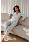 Kadın Desenli Basic Kış Mavi Pijama Takımı