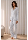 Kadın Desenli Basic Kış Mavi Pijama Takımı