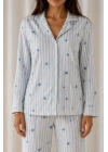 Kadın Desenli Basic Kış Mavi Pijama Takımı