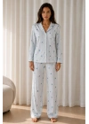 Kadın Desenli Basic Kış Mavi Pijama Takımı