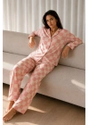 Kadın Pembe Dama Desenli Düğmeli Gömlek Yaka Uzun Kollu Pantolonlu Pijama Takımı