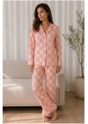 Kadın Pembe Dama Desenli Düğmeli Gömlek Yaka Uzun Kollu Pantolonlu Pijama Takımı