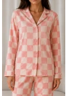 Kadın Pembe Dama Desenli Düğmeli Gömlek Yaka Uzun Kollu Pantolonlu Pijama Takımı