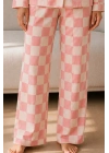 Kadın Pembe Dama Desenli Düğmeli Gömlek Yaka Uzun Kollu Pantolonlu Pijama Takımı
