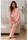 Kadın Pembe Dama Desenli Düğmeli Gömlek Yaka Uzun Kollu Pantolonlu Pijama Takımı