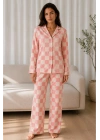 Kadın Pembe Dama Desenli Düğmeli Gömlek Yaka Uzun Kollu Pantolonlu Pijama Takımı