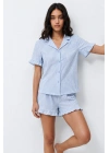 Kadın Mavi Çizgili Pamuklu Düğmeli Gömlek Yaka Fırfırlı Kısa Kollu Şortlu Pijama Takımı