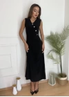 Kadın Düğme Detay Kolsuz Maxi Boy Elbise