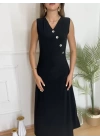 Kadın Düğme Detay Kolsuz Maxi Boy Elbise