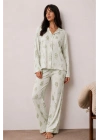 Kadın Çağla Yeşili Yaprak Desenli Düğmeli Gömlek Yaka Uzun Kollu Pantolonlu Pijama Takımı