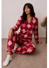 Kadın Kırmızı Baklava Desenli Gömlek Yaka Düğmeli Uzun Kollu Pantolonlu Pijama Takımı