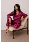 Kadın Lila Kalp Leopar Desenli Gömlek Yaka Düğmeli Uzun Kollu Pantolonlu Pijama Takımı