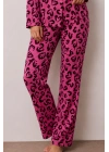Kadın Lila Kalp Leopar Desenli Gömlek Yaka Düğmeli Uzun Kollu Pantolonlu Pijama Takımı