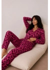 Kadın Lila Kalp Leopar Desenli Gömlek Yaka Düğmeli Uzun Kollu Pantolonlu Pijama Takımı