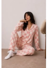 Kadın Pembe Dama Desenli Gömlek Yaka Uzun Kollu Düğmeli Bol Paça Pantolonlu Pijama Takımı