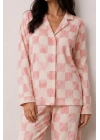 Kadın Pembe Dama Desenli Gömlek Yaka Uzun Kollu Düğmeli Bol Paça Pantolonlu Pijama Takımı