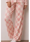 Kadın Pembe Dama Desenli Gömlek Yaka Uzun Kollu Düğmeli Bol Paça Pantolonlu Pijama Takımı
