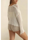 Kadın Ekru V Yaka Uzun Kol Düşük Omuz Ajurlu Pamuklu Püsküllü Salaş Örme Bohem Triko Bluz