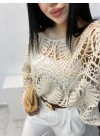Kadın Ekru Crochet Örgü Desenli Ajurlu Transparan Uzun Kol Dantel Triko Pinterest Bluz