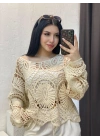Kadın Ekru Crochet Örgü Desenli Ajurlu Transparan Uzun Kol Dantel Triko Pinterest Bluz